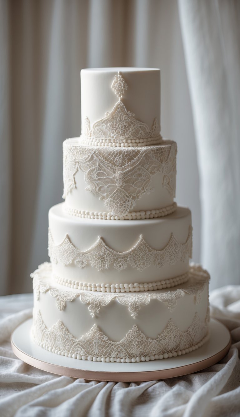 A multi-tiered white wedding cake decorated with intricate lace patterns and delicate piping details.